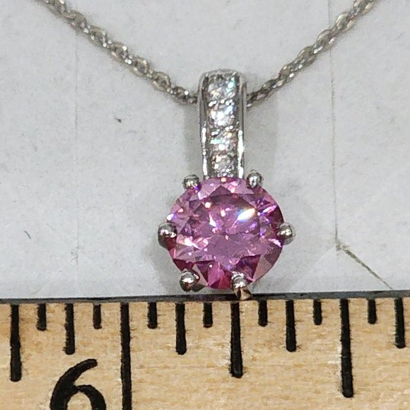 Pink & White Moissanite pendant necklace 7mm round VS quality in Plat/925SS 20" - Picture 3 of 4